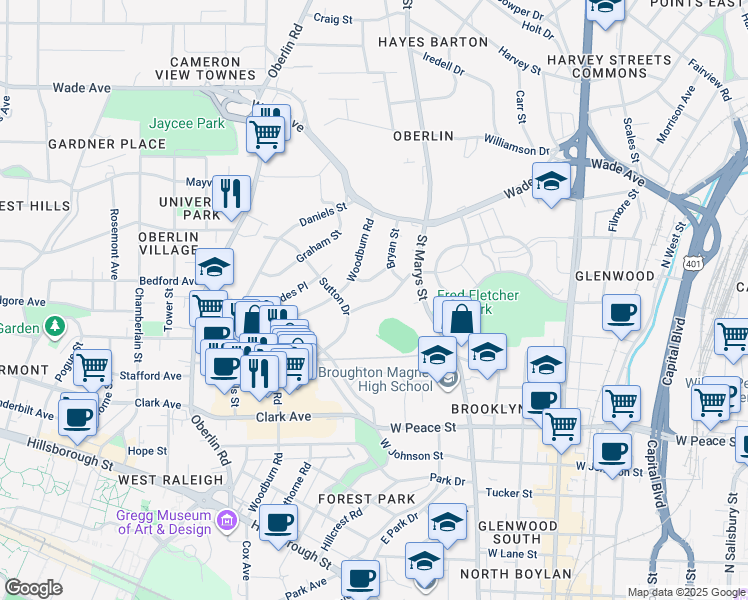 map of restaurants, bars, coffee shops, grocery stores, and more near 1043 Nichols Drive in Raleigh