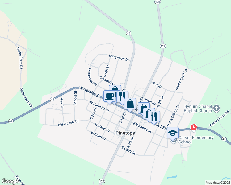 map of restaurants, bars, coffee shops, grocery stores, and more near 208 West Dunn Street in Pinetops