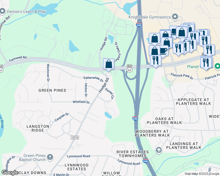 map of restaurants, bars, coffee shops, grocery stores, and more near 103 Daniel Circle in Knightdale