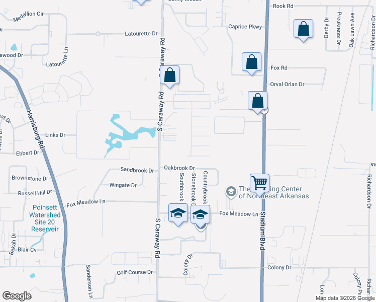 map of restaurants, bars, coffee shops, grocery stores, and more near 2412 Bonnie Jean Place in Jonesboro