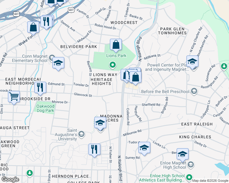 map of restaurants, bars, coffee shops, grocery stores, and more near 1017 Glascock Street in Raleigh