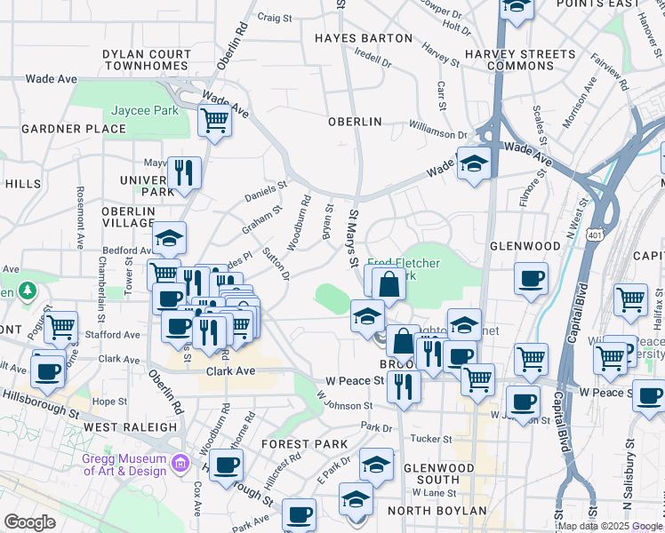 map of restaurants, bars, coffee shops, grocery stores, and more near in Raleigh