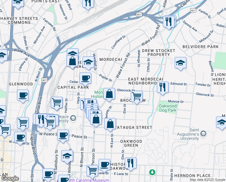map of restaurants, bars, coffee shops, grocery stores, and more near 1006 Wake Forest Road in Raleigh