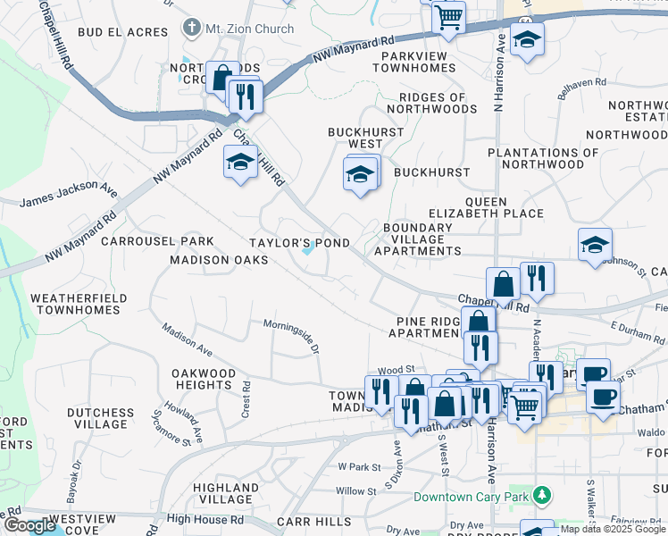 map of restaurants, bars, coffee shops, grocery stores, and more near 117 Taylors Pond Drive in Cary