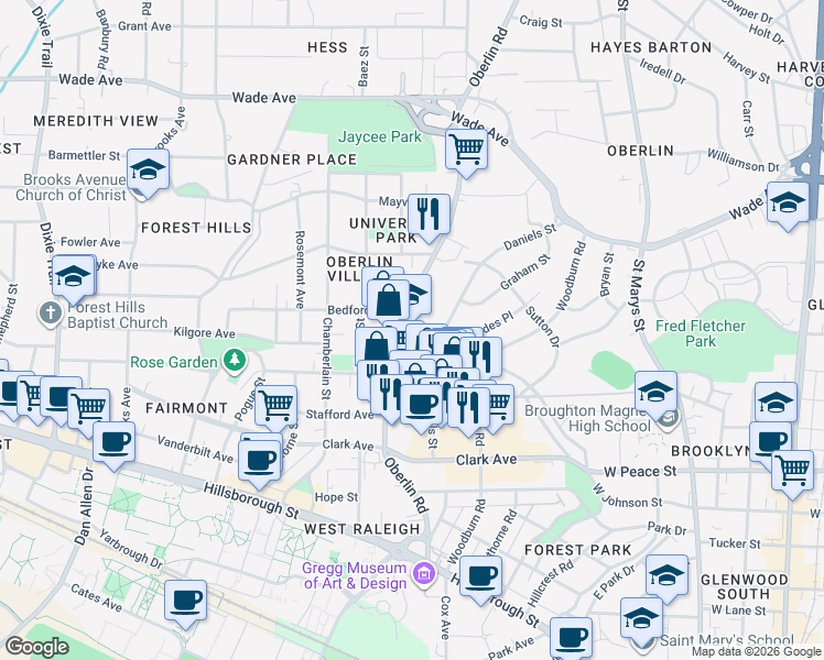 map of restaurants, bars, coffee shops, grocery stores, and more near 611 Daniels Street in Raleigh