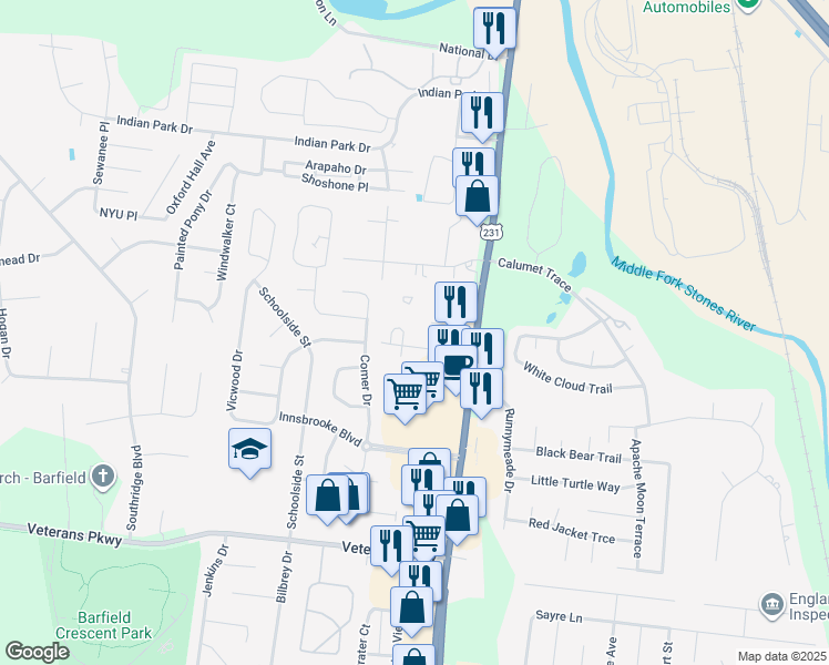 map of restaurants, bars, coffee shops, grocery stores, and more near 2840 South Church Street in Murfreesboro