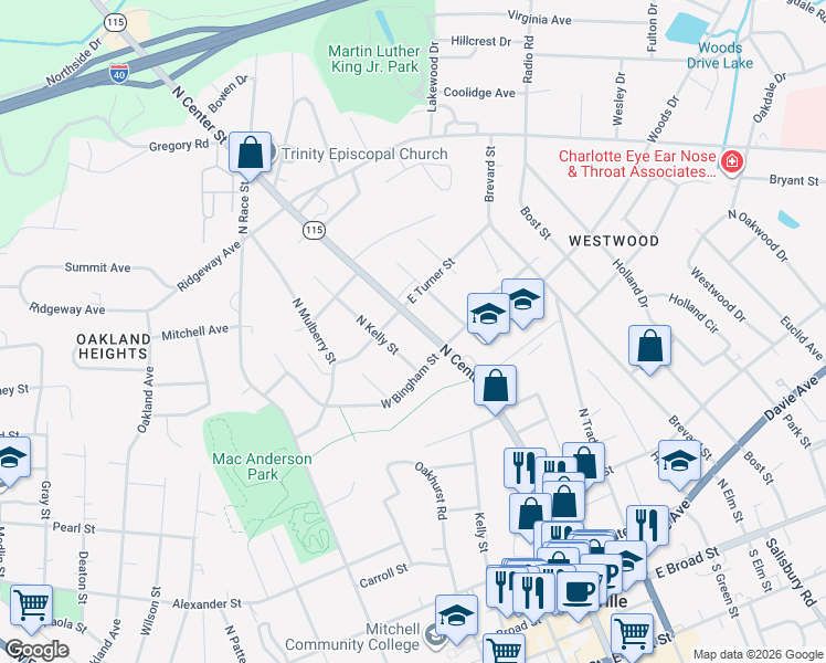map of restaurants, bars, coffee shops, grocery stores, and more near 537 North Center Street in Statesville