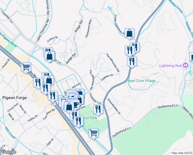 map of restaurants, bars, coffee shops, grocery stores, and more near 602 Iron Circle Drive in Pigeon Forge