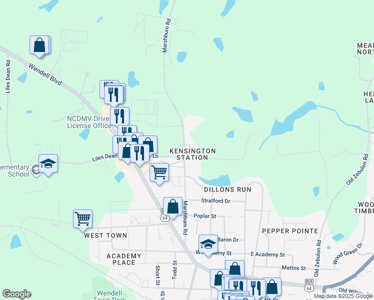 map of restaurants, bars, coffee shops, grocery stores, and more near 915 Wickett Circle in Wendell