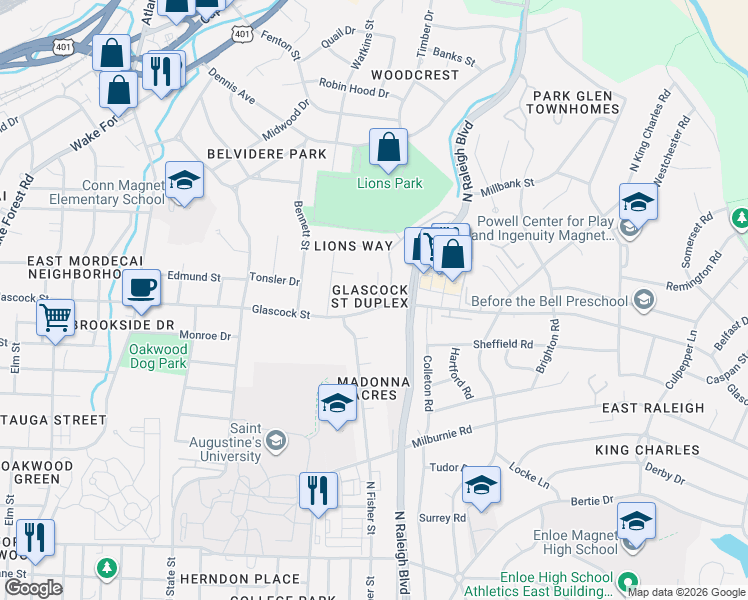 map of restaurants, bars, coffee shops, grocery stores, and more near 1017 Glascock Street in Raleigh
