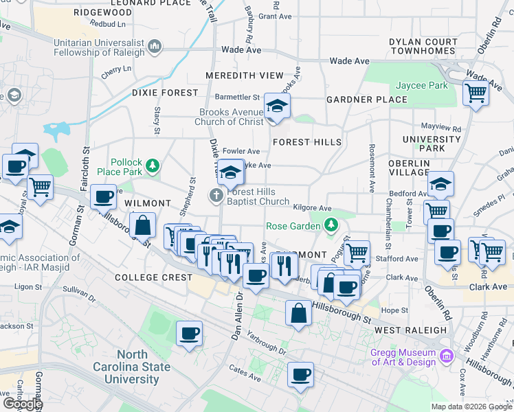 map of restaurants, bars, coffee shops, grocery stores, and more near in Raleigh