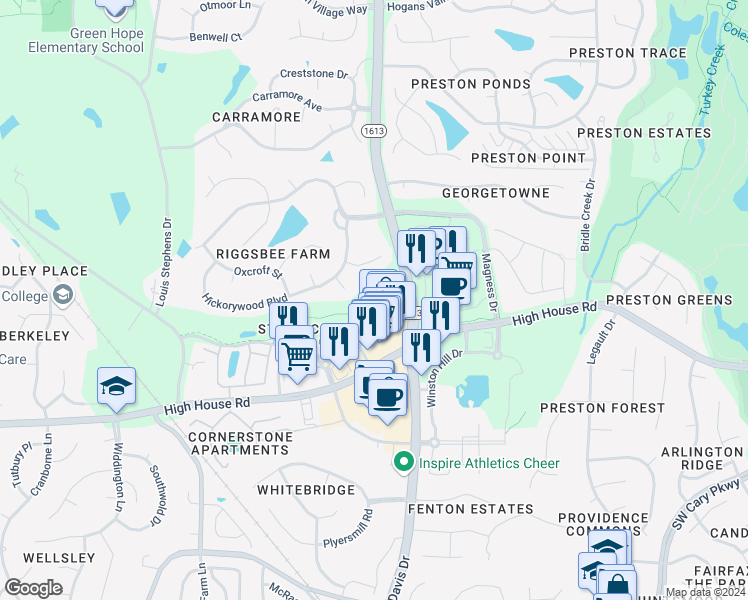 map of restaurants, bars, coffee shops, grocery stores, and more near 3017 Valleystone Drive in Cary