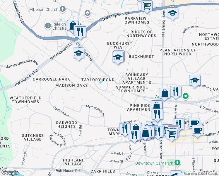 map of restaurants, bars, coffee shops, grocery stores, and more near 117 Taylors Pond Drive in Cary