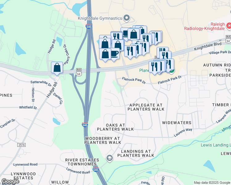 map of restaurants, bars, coffee shops, grocery stores, and more near 1112 Bishopton Way in Knightdale