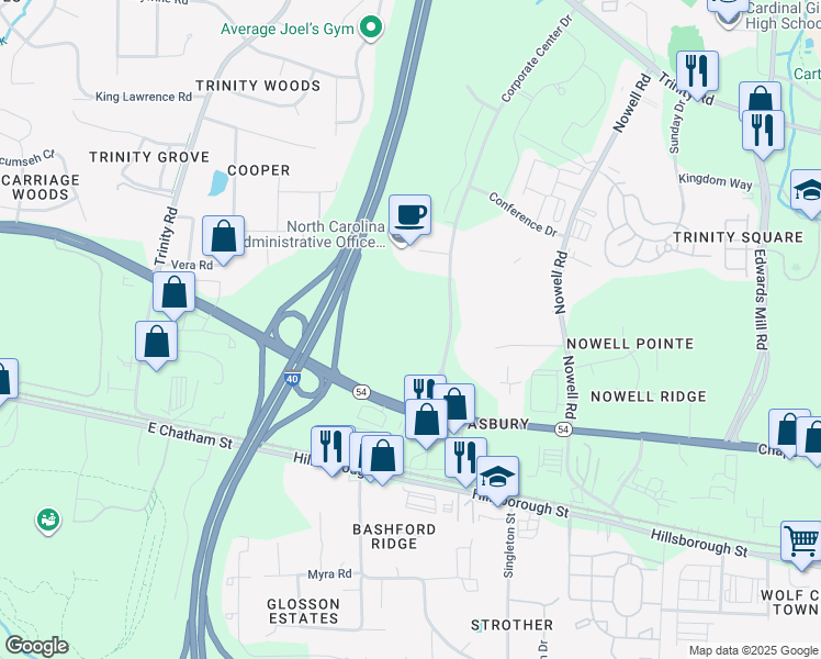 map of restaurants, bars, coffee shops, grocery stores, and more near 801 Corporate Center Drive in Raleigh