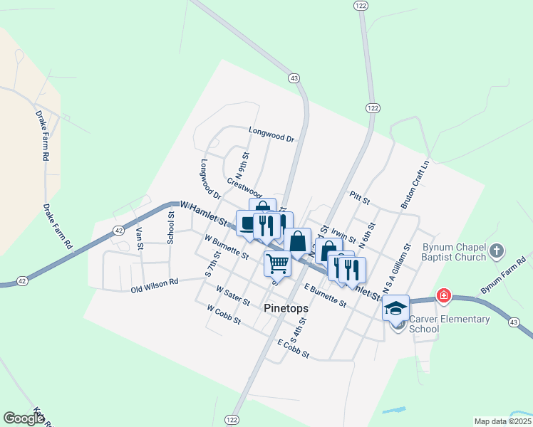 map of restaurants, bars, coffee shops, grocery stores, and more near 208 West Dunn Street in Pinetops