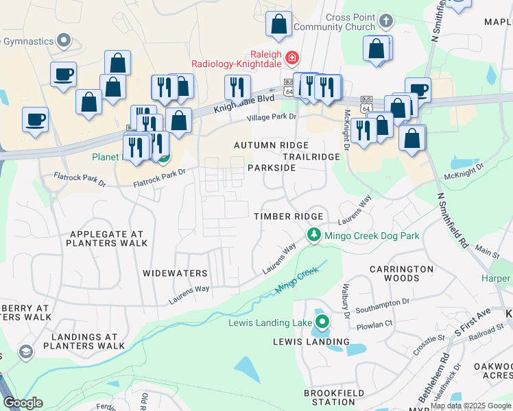 map of restaurants, bars, coffee shops, grocery stores, and more near 118 Mingocrest Drive in Knightdale
