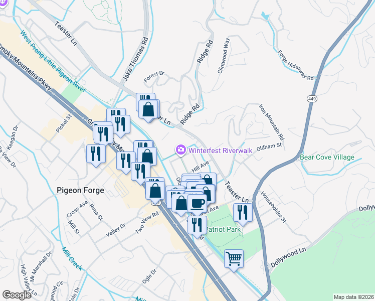 map of restaurants, bars, coffee shops, grocery stores, and more near 419 Ashley Avenue in Pigeon Forge