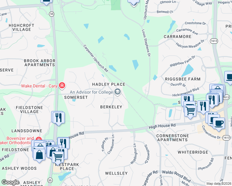 map of restaurants, bars, coffee shops, grocery stores, and more near 402 Sir Walker Lane in Cary