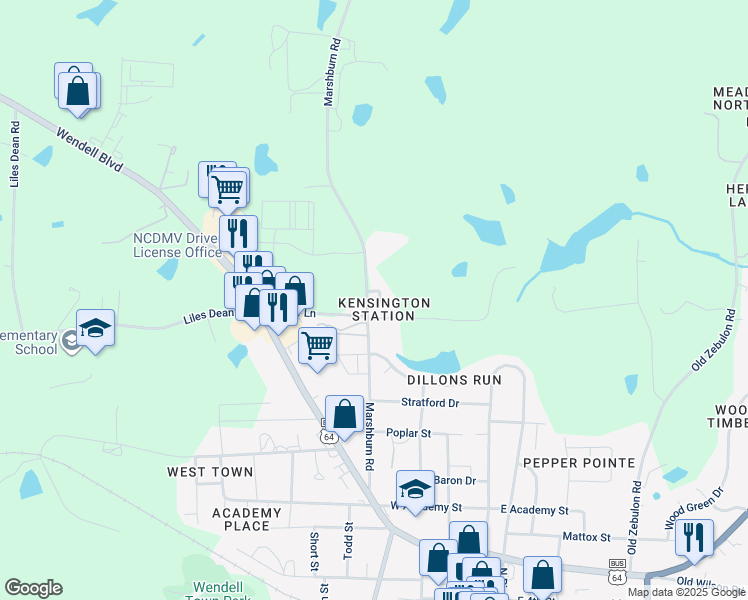 map of restaurants, bars, coffee shops, grocery stores, and more near 915 Wickett Circle in Wendell