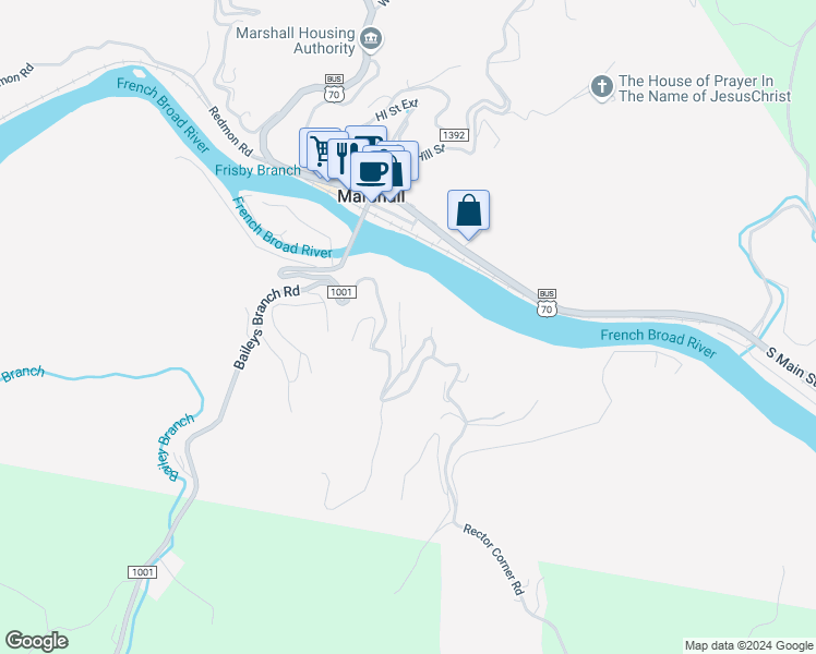 map of restaurants, bars, coffee shops, grocery stores, and more near 42 L And W Davis Lane in Marshall