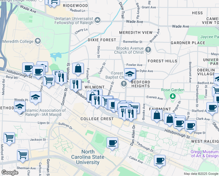map of restaurants, bars, coffee shops, grocery stores, and more near 3202 Clark Avenue in Raleigh