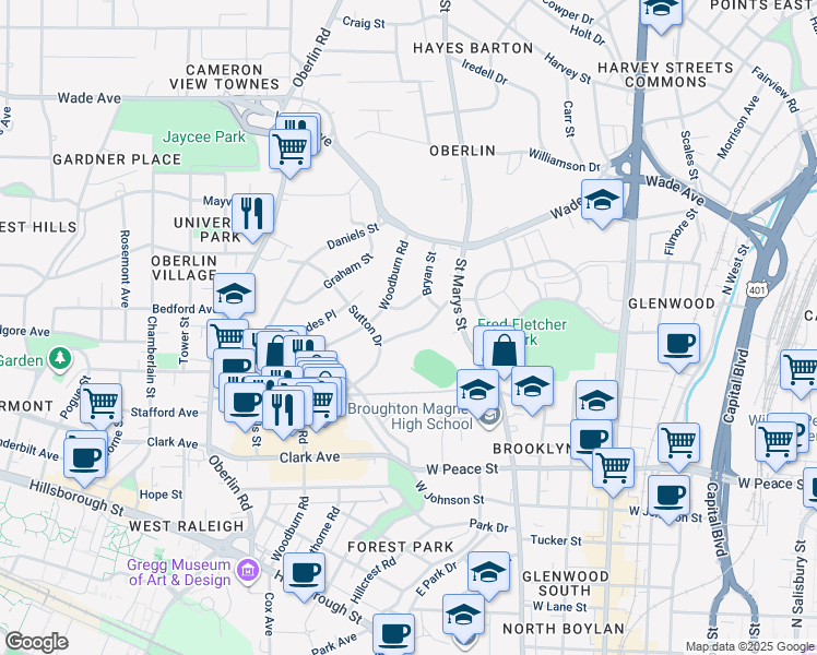 map of restaurants, bars, coffee shops, grocery stores, and more near 1033 Nichols Drive in Raleigh