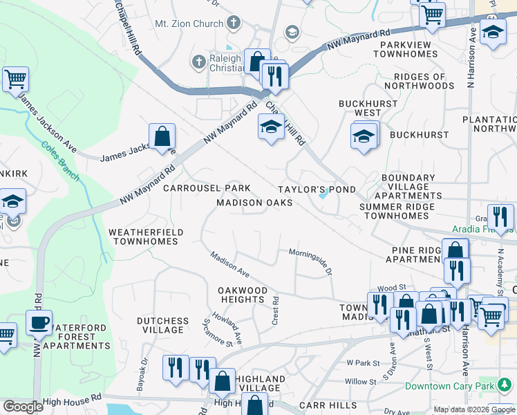 map of restaurants, bars, coffee shops, grocery stores, and more near 106 Oscar Lane in Cary