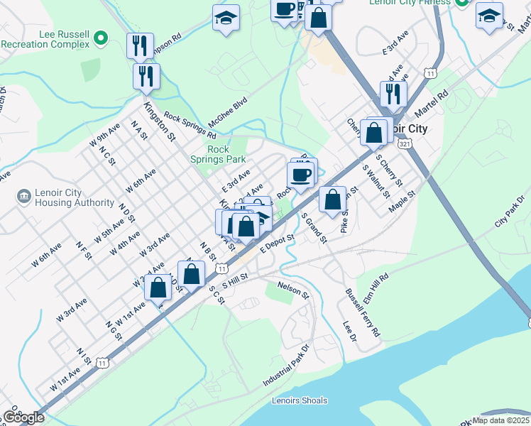 map of restaurants, bars, coffee shops, grocery stores, and more near 302 East 1st Avenue in Lenoir City