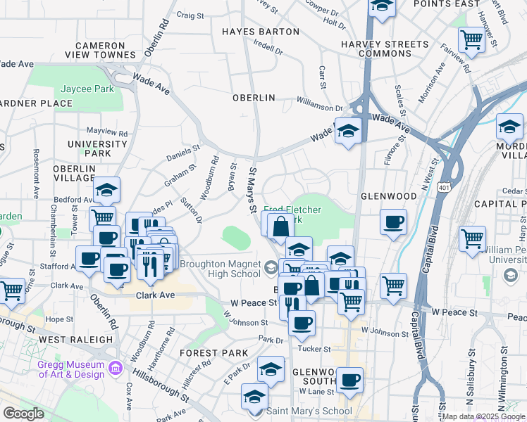 map of restaurants, bars, coffee shops, grocery stores, and more near 851 Washington Street in Raleigh