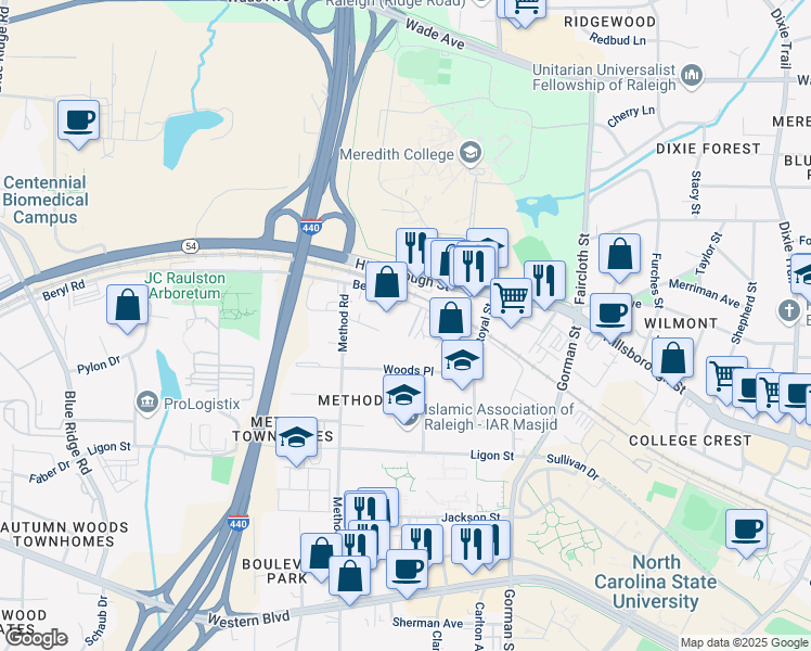 map of restaurants, bars, coffee shops, grocery stores, and more near 3911 Beryl Road in Raleigh