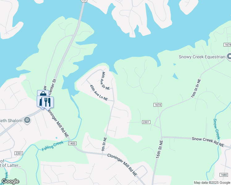 map of restaurants, bars, coffee shops, grocery stores, and more near 4528 9th Street Northeast in Hickory