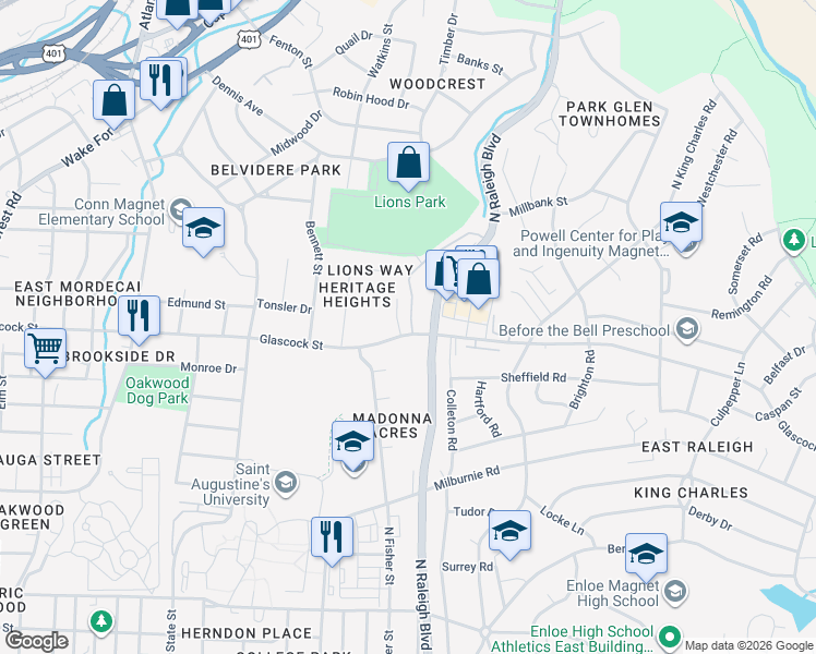 map of restaurants, bars, coffee shops, grocery stores, and more near in Raleigh