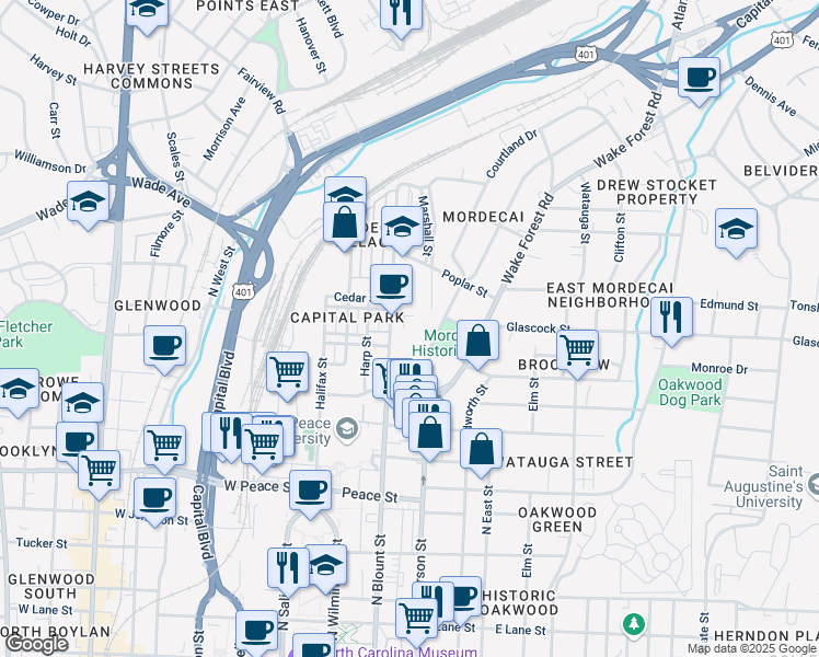 map of restaurants, bars, coffee shops, grocery stores, and more near 900 Moses Court in Raleigh