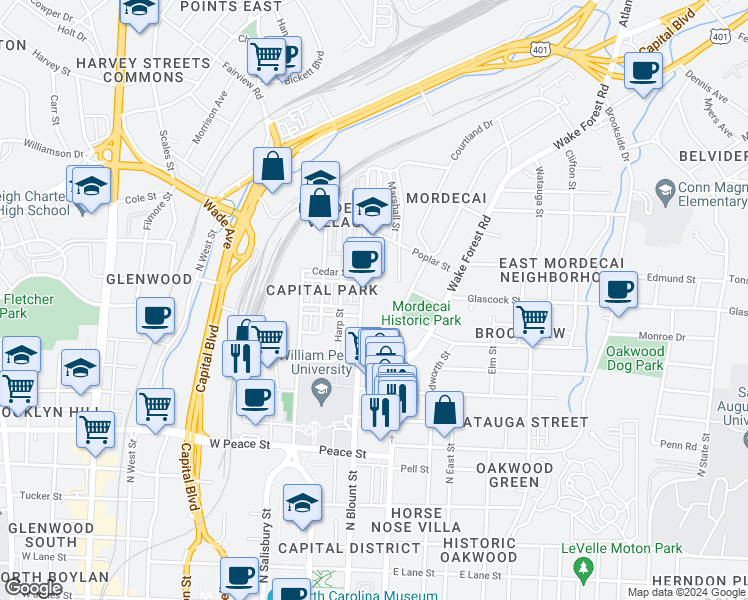 map of restaurants, bars, coffee shops, grocery stores, and more near 1009 Mordecai Drive in Raleigh