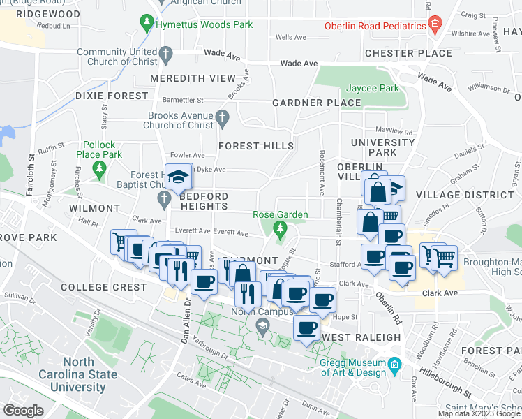 map of restaurants, bars, coffee shops, grocery stores, and more near 2638 Kilgore Avenue in Raleigh