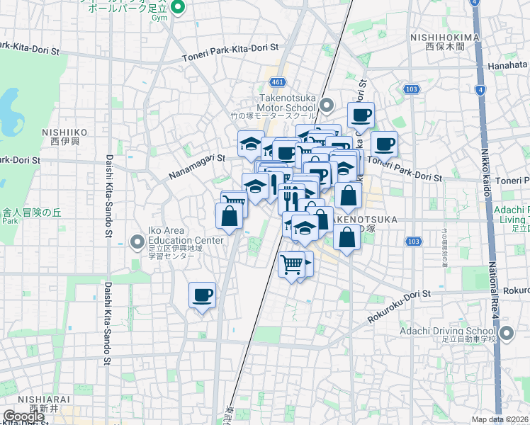 map of restaurants, bars, coffee shops, grocery stores, and more near in Adachi City