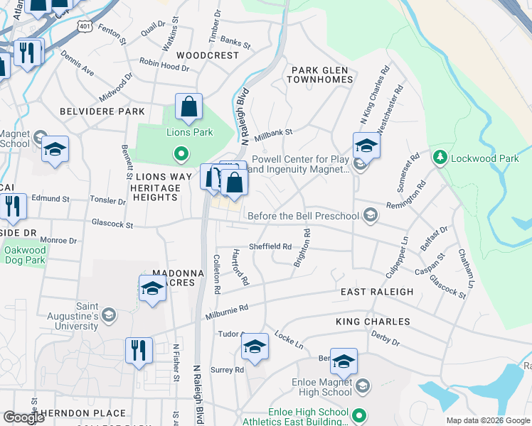 map of restaurants, bars, coffee shops, grocery stores, and more near 1000 Glascock Street in Raleigh