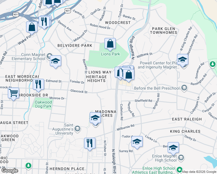 map of restaurants, bars, coffee shops, grocery stores, and more near 1017 Glascock Street in Raleigh