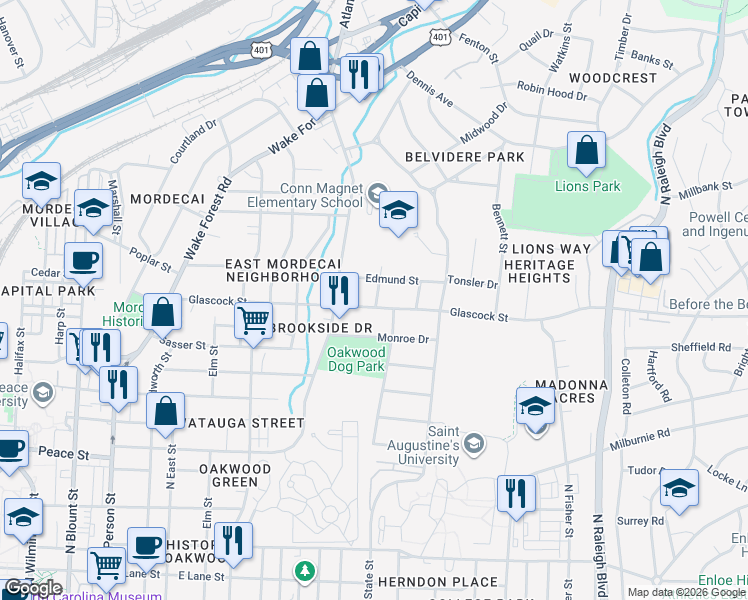 map of restaurants, bars, coffee shops, grocery stores, and more near 707 Glascock Street in Raleigh