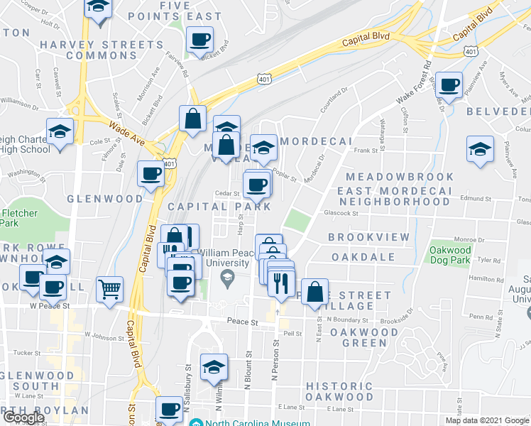 map of restaurants, bars, coffee shops, grocery stores, and more near 1009 Mordecai Drive in Raleigh