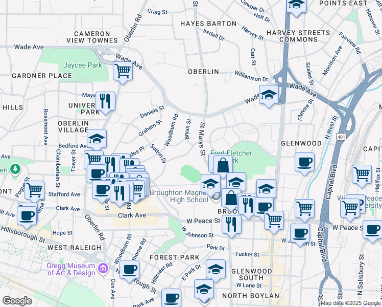 map of restaurants, bars, coffee shops, grocery stores, and more near in Raleigh