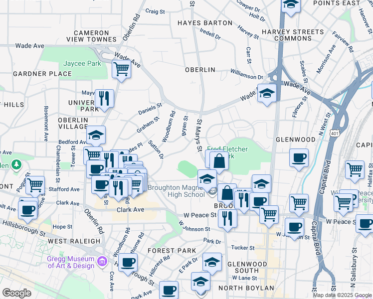 map of restaurants, bars, coffee shops, grocery stores, and more near in Raleigh
