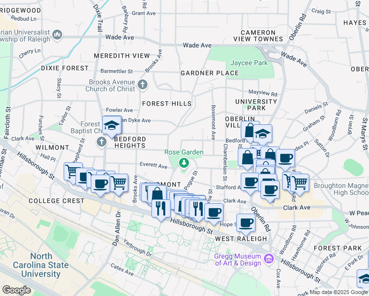 map of restaurants, bars, coffee shops, grocery stores, and more near 2630 Kilgore Avenue in Raleigh