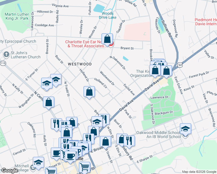 map of restaurants, bars, coffee shops, grocery stores, and more near 308 Holland Circle in Statesville