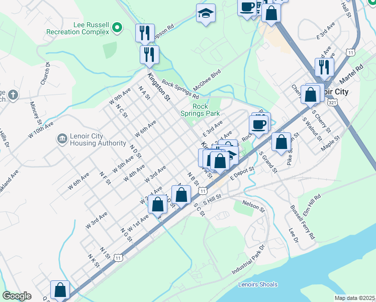 map of restaurants, bars, coffee shops, grocery stores, and more near 310 North A Street in Lenoir City