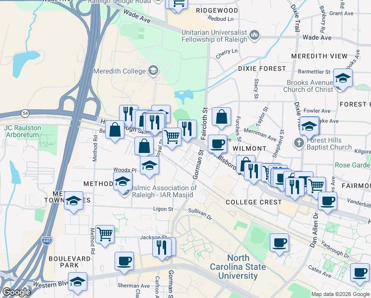 map of restaurants, bars, coffee shops, grocery stores, and more near 3710 Neil Street in Raleigh