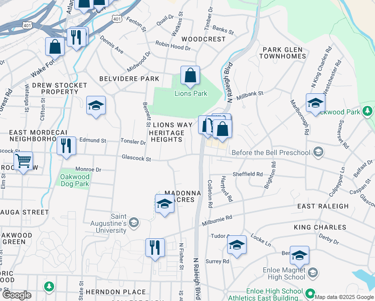 map of restaurants, bars, coffee shops, grocery stores, and more near 1017 Glascock Street in Raleigh