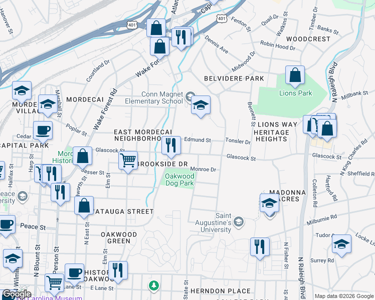 map of restaurants, bars, coffee shops, grocery stores, and more near 707 Glascock Street in Raleigh