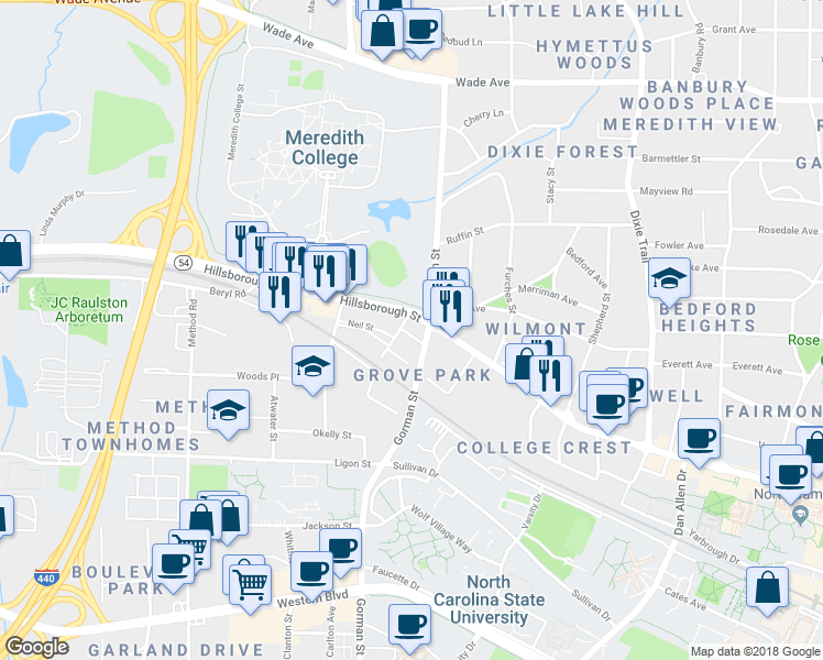 map of restaurants, bars, coffee shops, grocery stores, and more near 3625 Hillsborough Street in Raleigh